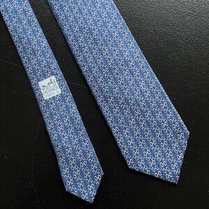 Hermes Neck Tie Blue Silk Linked Horsebit Print Men's